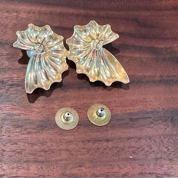 Gold Shell Pearl Statement Post Earrings - Picture 9 of 9